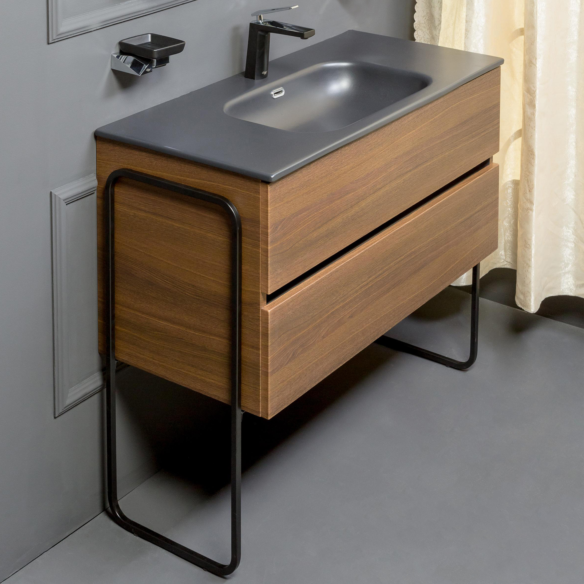 Мебель для ванной Armadi Art Vallessi 100 дуб темный, с черной раковиной фото в интернет-магазине «Wasser-Haus.ru»