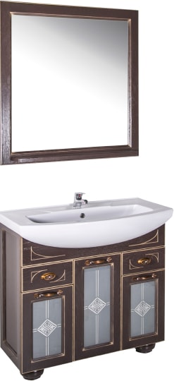 Тумба с раковиной ASB-Woodline Бергамо 85 орех темный, патина золото, витраж фото в интернет-магазине «Wasser-Haus.ru»