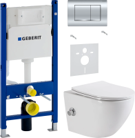 Комплект Унитаз подвесной BelBagno Uno BB3105CHR-BS/SC с микролифтом, со смесителем и функцией биде + Шумоизоляция Geberit + Инсталляция Duofix Delta 458.163.21.1 с кнопкой смыва, хром