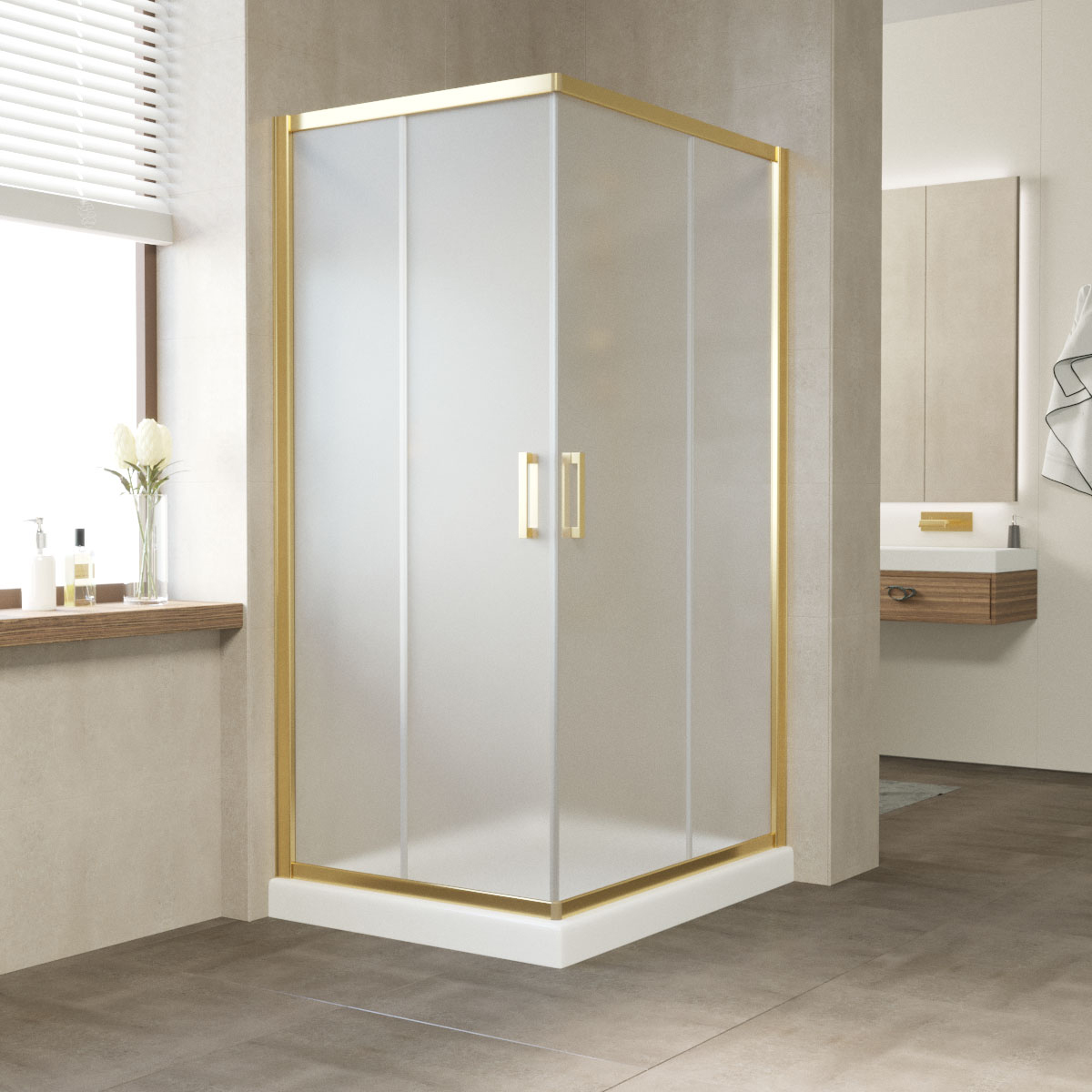 Душевой уголок Vegas Glass ZA-F Tur Novo 90*80 09 10 профиль золото, стекло сатин фото в интернет-магазине «Wasser-Haus.ru»