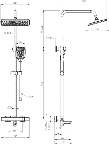 Душевая стойка Wonzon & Woghand WW-B3016-T1-MB, матовая черная фото в интернет-магазине «Wasser-Haus.ru»