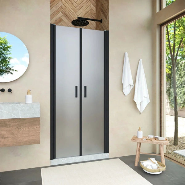Душевая дверь в нишу Vegas Glass E2P Novo 75 02М 10 профиль черный матовый, стекло сатин фото в интернет-магазине «Wasser-Haus.ru»