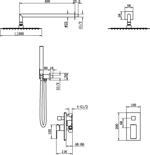 Душевой комплект Boheme Qubic 474-3-NB, С ВНУТРЕННЕЙ ЧАСТЬЮ, brushed nickel фото в интернет-магазине «Wasser-Haus.ru»