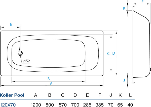 Стальная ванна Koller Pool B20E1200E 120x70 фото в интернет-магазине «Wasser-Haus.ru»