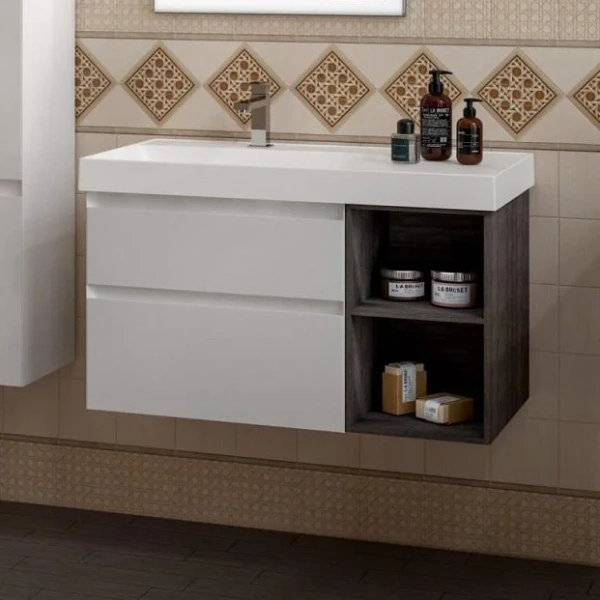 Мебель для ванной Kerama Marazzi Cubo 90, левая подвесная, с ящиками и полкой, белая матовая, древесная фото в интернет-магазине «Wasser-Haus.ru»
