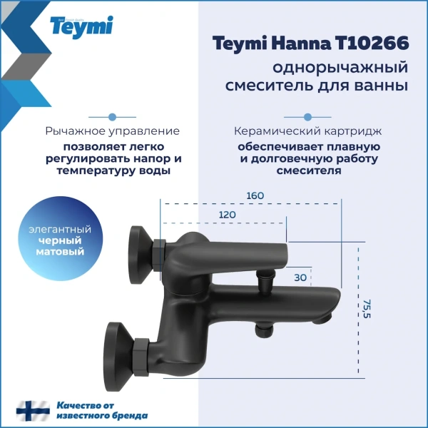 Смеситель для ванны Teymi Hanna, черный матовый T10266 фото в интернет-магазине «Wasser-Haus.ru»