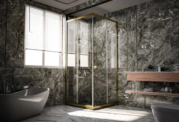 Душевой уголок Veconi Premium Trento PTC-20G 100x90, профиль брашированное золото, стекло прозрачное фото в интернет-магазине «Wasser-Haus.ru»