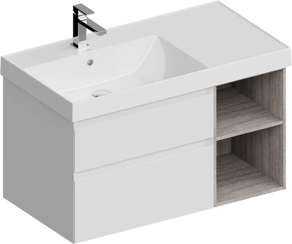 Мебель для ванной Kerama Marazzi Cubo 90, левая подвесная, с ящиками и полкой, белая матовая, древесная фото в интернет-магазине «Wasser-Haus.ru»