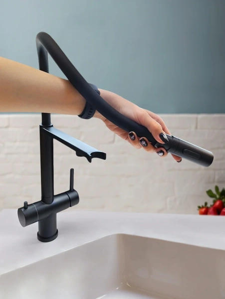 Смеситель для кухни AltroBagno Flusso 050204 NeOp с гибким изливом, матовый черный фото в интернет-магазине «Wasser-Haus.ru»