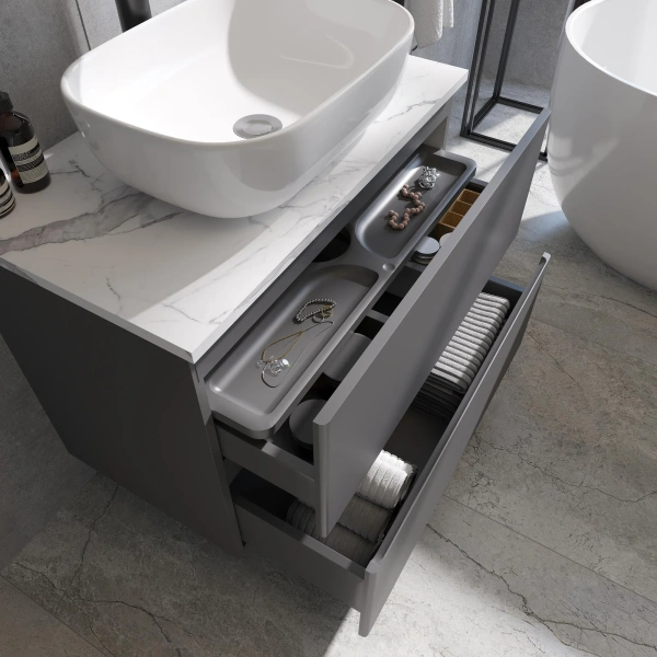 Мебель для ванной STWORKI Колдинг 80 антрацит, с раковиной Moduo 50 Square, столешница белая матовая фото в интернет-магазине «Wasser-Haus.ru»