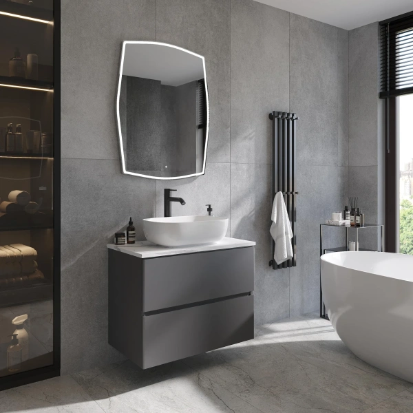 Мебель для ванной STWORKI Колдинг 80 антрацит, с раковиной Moduo 50 Square, столешница белая матовая фото в интернет-магазине «Wasser-Haus.ru»