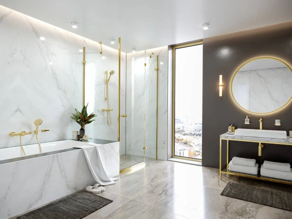 Термостатический смеситель Hansgrohe Ecostat Comfort 13114990 для ванны с душем, полированное золото фото в интернет-магазине «Wasser-Haus.ru»