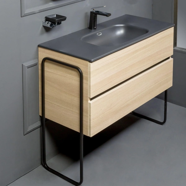 Мебель для ванной Armadi Art Vallessi 100 дуб светлый, с черной раковиной фото в интернет-магазине «Wasser-Haus.ru»