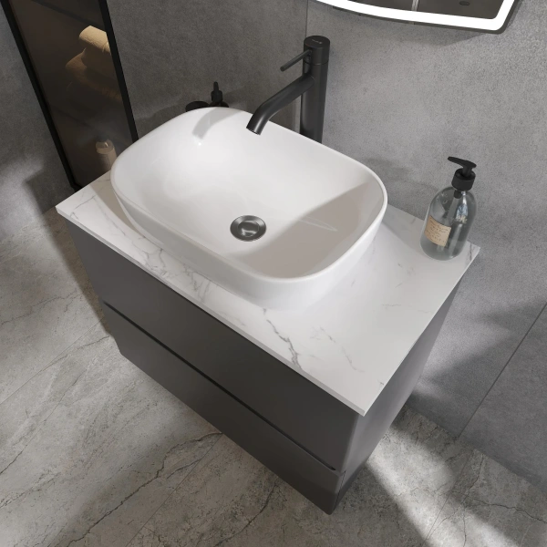 Мебель для ванной STWORKI Колдинг 80 антрацит, с раковиной Moduo 50 Square, столешница белая матовая фото в интернет-магазине «Wasser-Haus.ru»