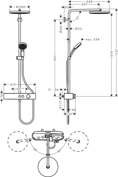 Душевая стойка Hansgrohe Pulsify Showerpipe 260 1jet 24220000, хром фото в интернет-магазине «Wasser-Haus.ru»