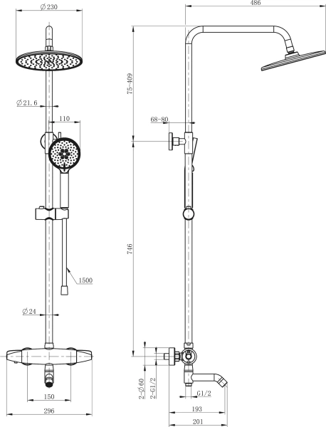Душевая стойка Wonzon & Woghand WW-B3031-A3-MB, матовая черная фото в интернет-магазине «Wasser-Haus.ru»