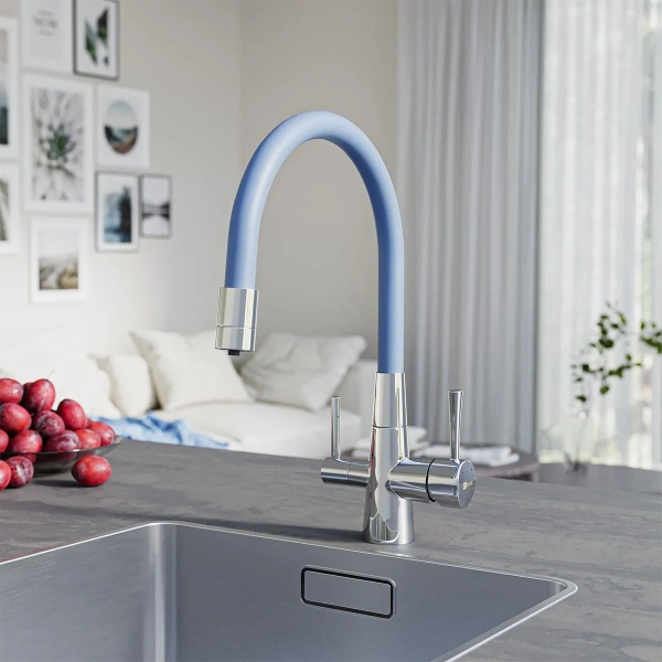 Смеситель для кухни Lemark Comfort LM3075C-SkyBlue с гибким изливом, хром, голубой фото в интернет-магазине «Wasser-Haus.ru»