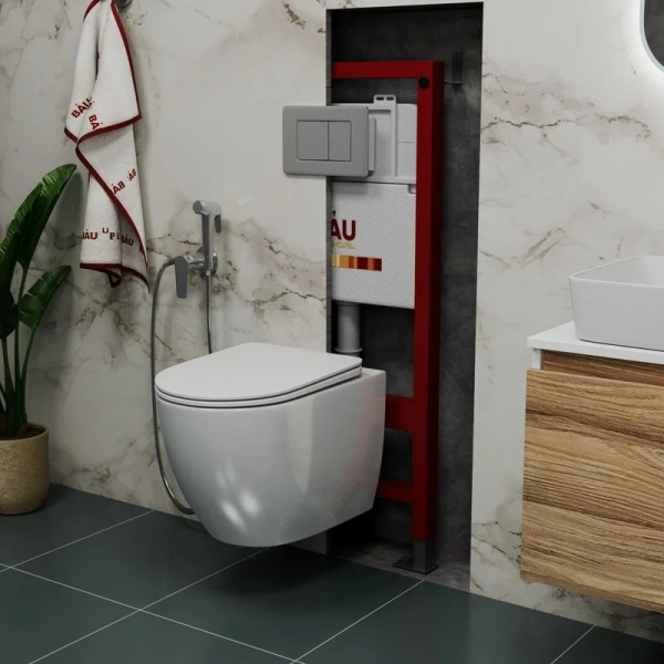 Комплект Унитаз подвесной Bauedge Bau Dream безободковый, с микролифтом + Инсталляция Bau Pro + Кнопка Stil, серый металлик фото в интернет-магазине «Wasser-Haus.ru»