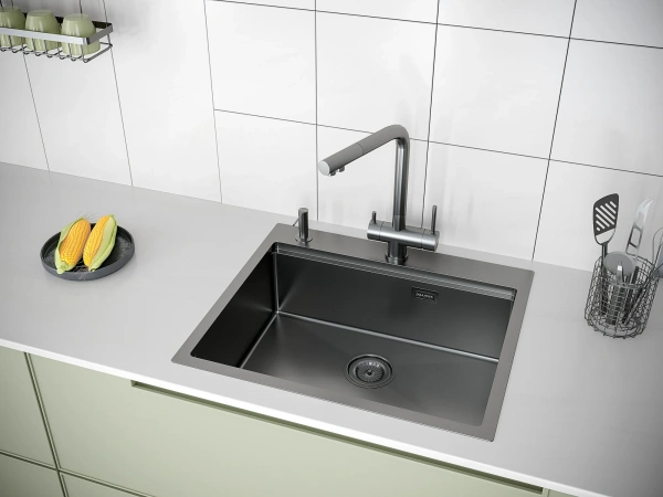 Мойка кухонная Paulmark Brim-Pro PM705951-GM вороненая сталь фото в интернет-магазине «Wasser-Haus.ru»
