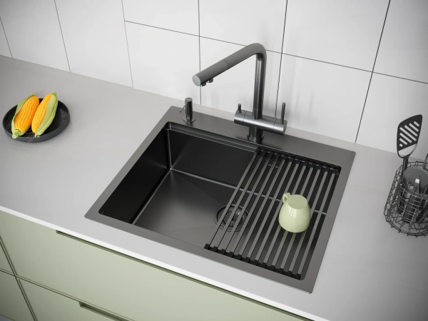 Мойка кухонная Paulmark Brim-Pro PM705951-GM вороненая сталь фото в интернет-магазине «Wasser-Haus.ru»